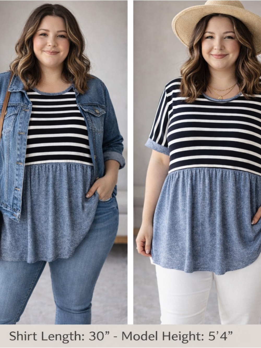 Egs Navy & White Striped Short Sleeve Peplum Tee with Chambray Hem